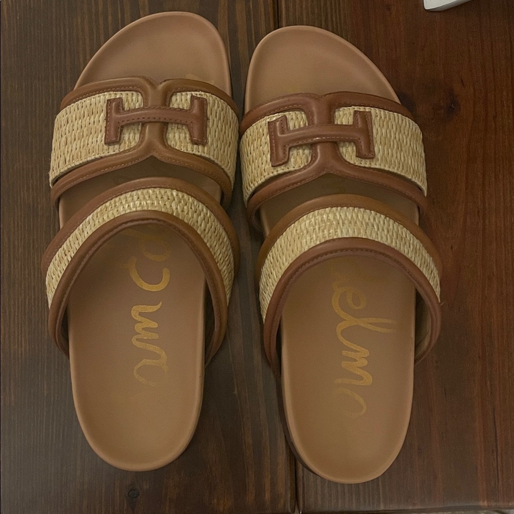 Sam Edelman Rowan Tan Raffia & Leather Slide Sandals